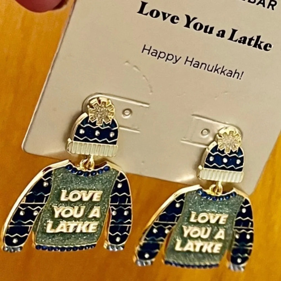BAUBLEBAR Hanukkah Chanukah Jewish ‘Love You A Latke’ Ugly Sweater Earrings NWT - Picture 4 of 4